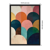 Geometric abstract canvas featuring overlapping rounded arches in jewel tones like deep teal, mustard, rust, blush, and navy, framed in black with 18x24 inch dimensions.