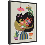 Framed canvas art titled 'Sylvie Fat Cat Tea Party' by Rachel Lee featuring a whimsical scene with an animal subject
