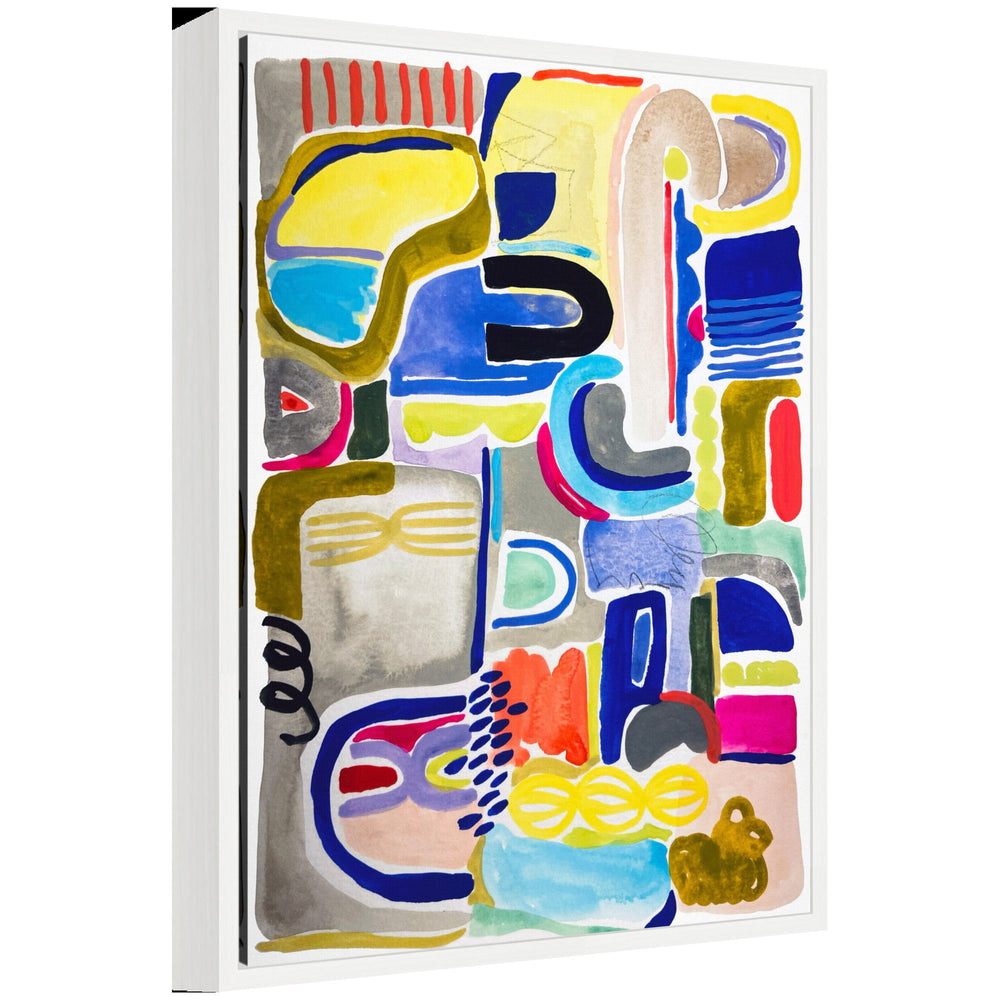 Framed floating canvas art featuring abstract shapes in subtle tones by Emma Daisy