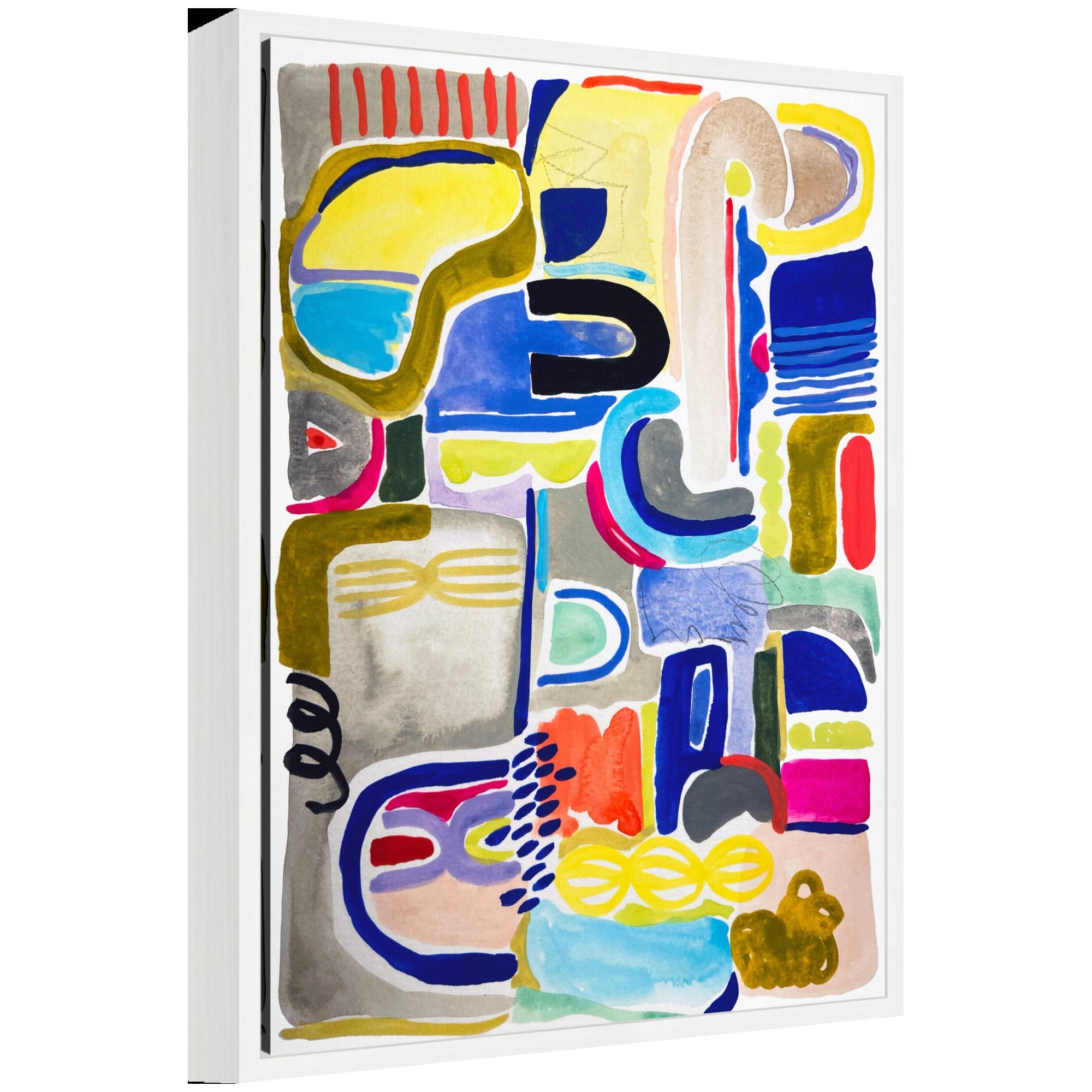 Framed floating canvas art featuring abstract shapes in subtle tones by Emma Daisy