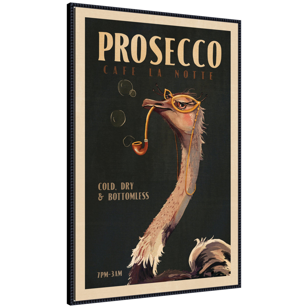 Illustrated ostrich with glasses smoking a pipe blowing bubbles on a black background with beige text advertising Prosecco Café La Notte from 7PM to 3AM.