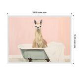 Painting of a beige llama sitting in a vintage blue clawfoot bathtub with a white towel draped over the edge against a pale pink background