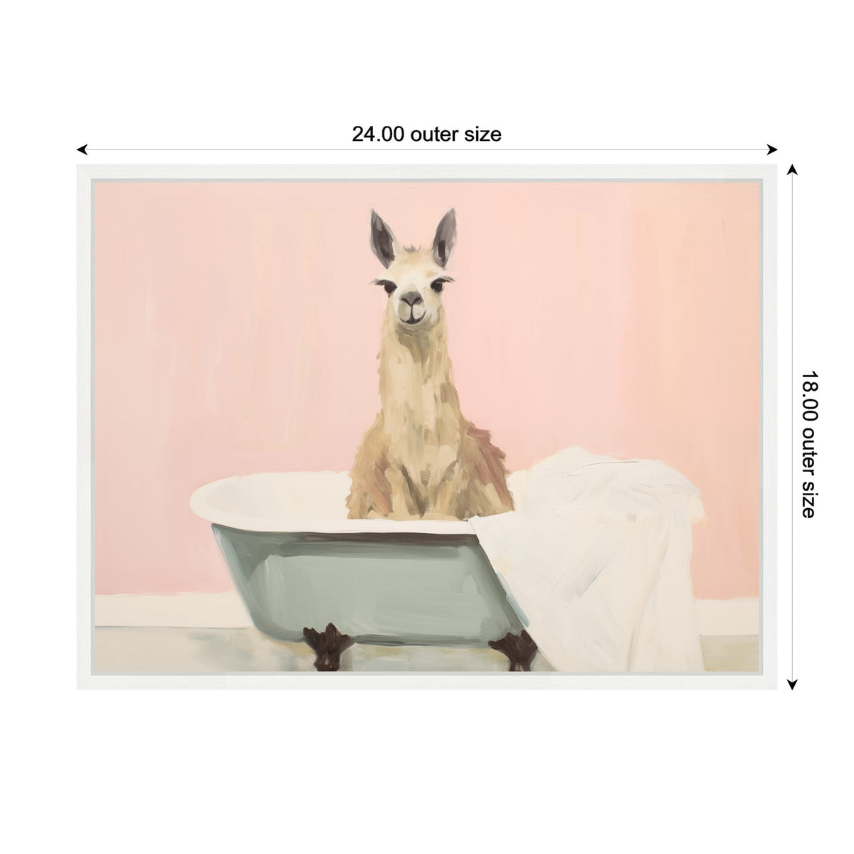 Painting of a beige llama sitting in a vintage blue clawfoot bathtub with a white towel draped over the edge against a pale pink background