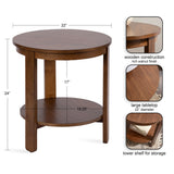Round wooden side table with rich walnut finish, featuring a 22-inch tabletop and a lower shelf for storage, supported by four straight legs.
