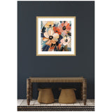 Square art piece with abstract bouquet featuring large flowers in orange, peach, white, and muted blue tones, framed in light wood, hanging on dark gray wall above rustic wooden bench and two woven baskets.