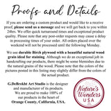 Text explaining custom product order proofs, durable birch plywood with natural wood grain for staining, and G.DeBrekht Art Studio's Orange County, California location.