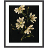 Framed Art Moody Floral 4 by Annie Quigley featuring four delicate light-petaled flowers against a dark background in a sleek black narrow frame.