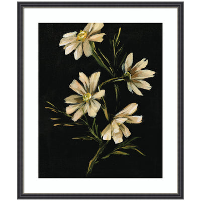 Framed Art Moody Floral 4 by Annie Quigley featuring four delicate light-petaled flowers against a dark background in a sleek black narrow frame.