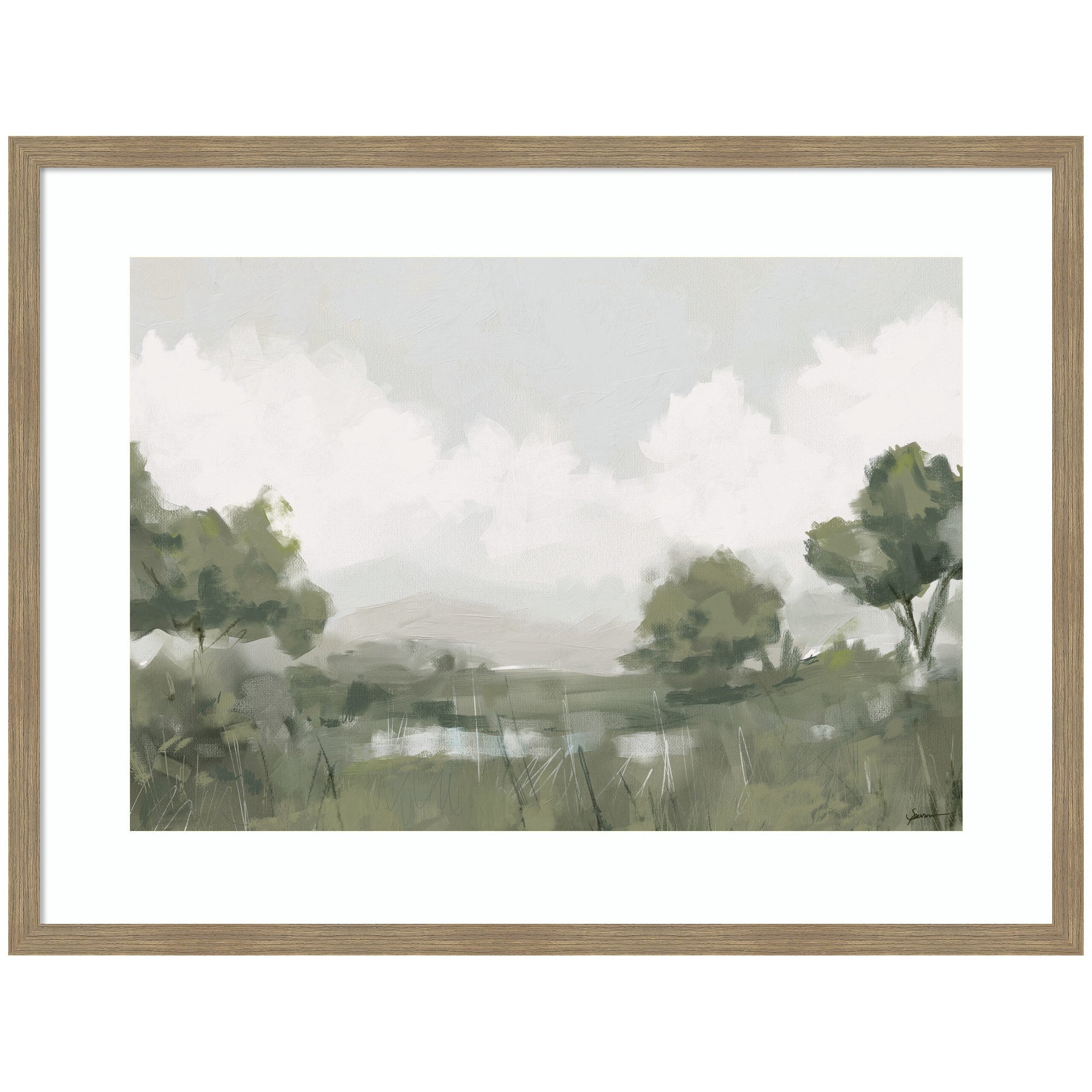 Shades of Olive 23x33 FC by Mary Sparrow framed wall art print with a woodgrain stripe mocha frame