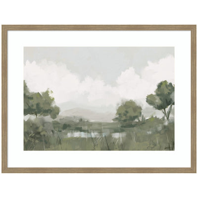 Shades of Olive 23x33 FC by Mary Sparrow framed wall art print with a woodgrain stripe mocha frame