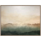 Abstract landscape painting with layered muted green and brown tones suggesting misty mountains beneath a pale, cloudy sky on a horizontal canvas framed in light wood.