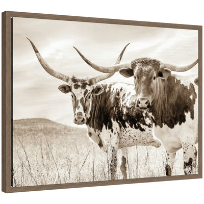 Sepia Texas Longhorn Cattle in Pasture by The Creative Bunch Studio Framed Canvas Wall Art Print