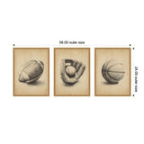 Three framed sepia-toned sketches depicting an antique football, a baseball glove with ball, and a basketball, arranged horizontally with walnut-colored frames