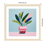 Colorful abstract painting of a potted plant with elongated leaves in green, blue, yellow, and pink inside a pink and red striped pot on a pink surface with a pale blue background.