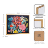 Colorful coral reef artwork featuring bright red, pink, yellow, and blue coral shapes in a natural oak wood frame with a gold finish, shown with dimensions and hanging details.