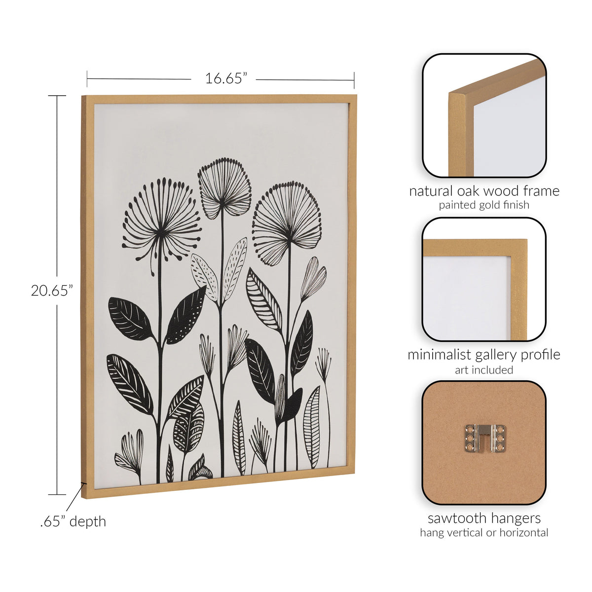 Black botanical linocut print with stylized flowers and leaves on white, framed in natural oak wood with a gold finish and minimalist gallery profile.
