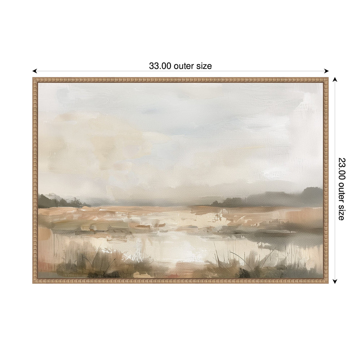 Framed canvas depicts a neutral-toned abstract landscape with soft earthy browns, greys, and off-white hues blending into a calm, hazy scene.