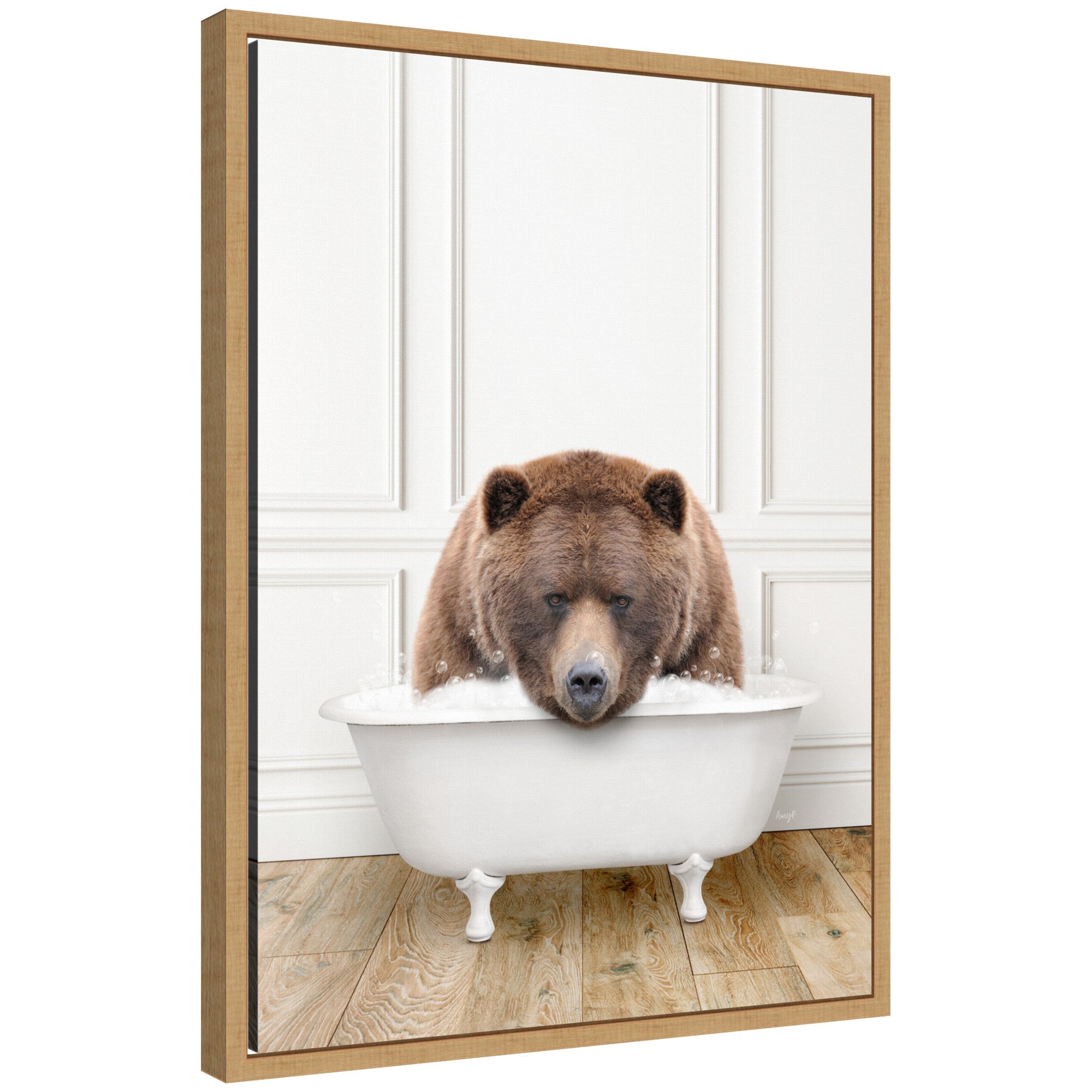 Sylvie Big Bear in Traditional Vintage Bathtub framed canvas art showing a bear resting in an old-fashioned bathtub, framed with a slender modern white frame.