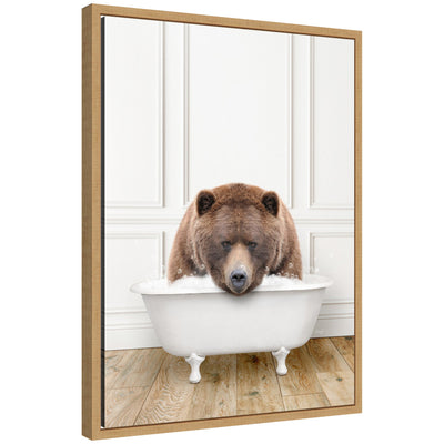 Sylvie Big Bear in Traditional Vintage Bathtub framed canvas art showing a bear resting in an old-fashioned bathtub, framed with a slender modern white frame.