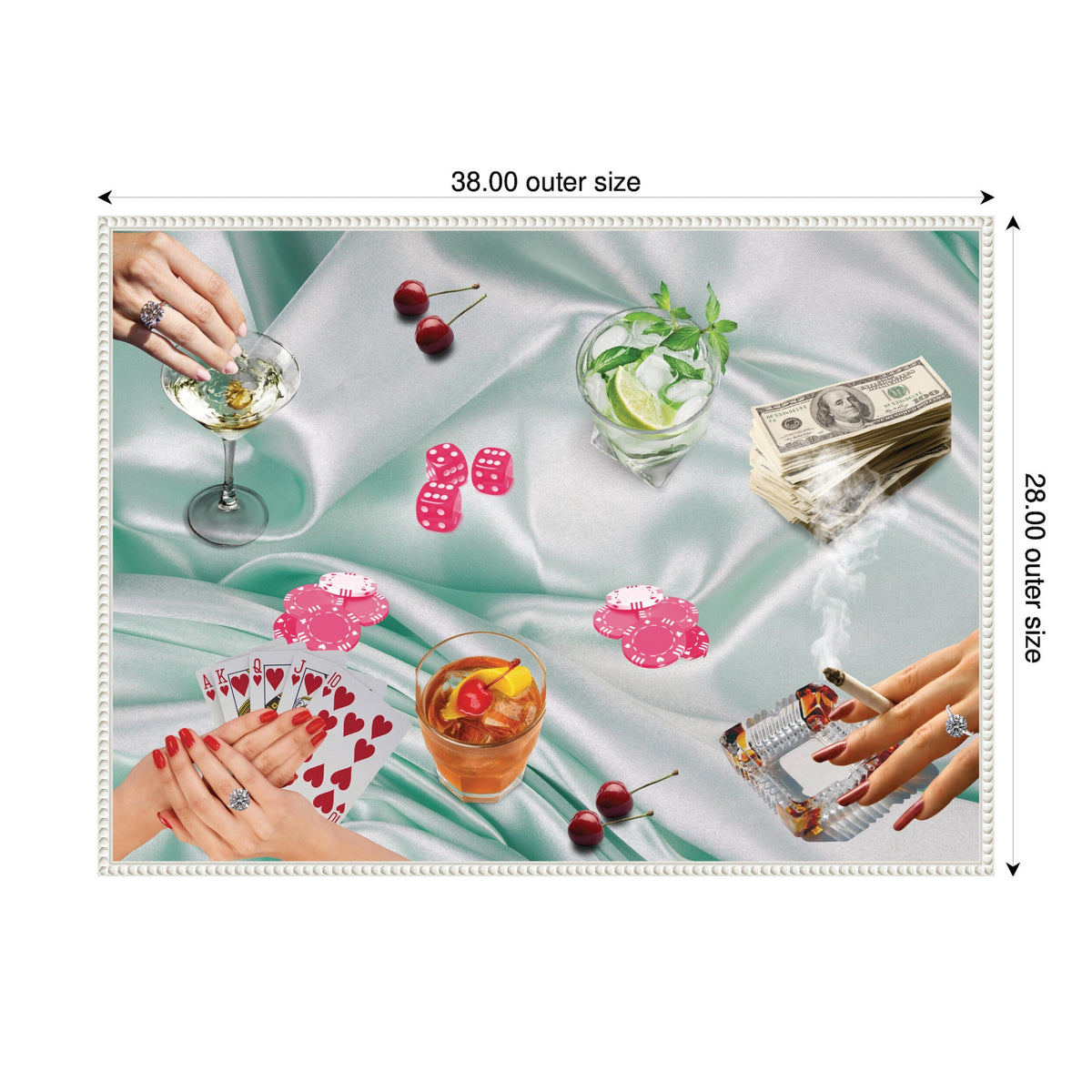 Overhead view of a poker game on a light teal satin cloth featuring pink poker chips, playing cards, drinks, cigars, cherries, and a stack of cash, highlighted by hands with rings.