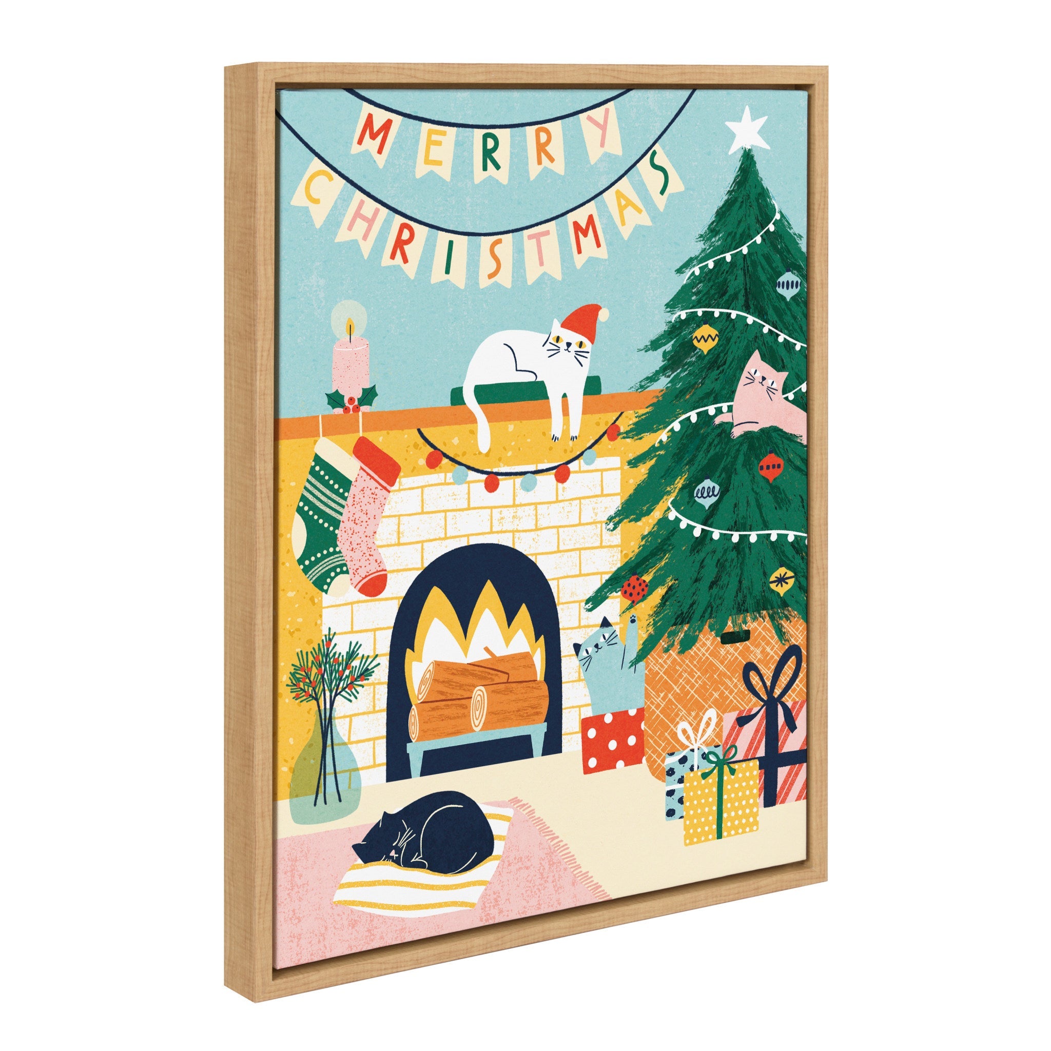 Framed floating canvas art featuring colorful Christmas cats by Tania García