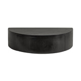Semicircular black wood side table with a smooth curved front, shown from the front against a white background.