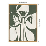 Minimalist abstract canvas art featuring a stylized female face with prominent lips and flowing hair in muted green and cream tones, framed in light wood.