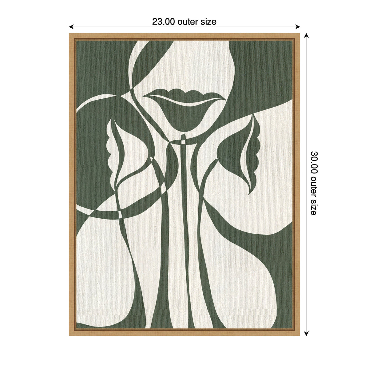 Minimalist abstract canvas art featuring a stylized female face with prominent lips and flowing hair in muted green and cream tones, framed in light wood.