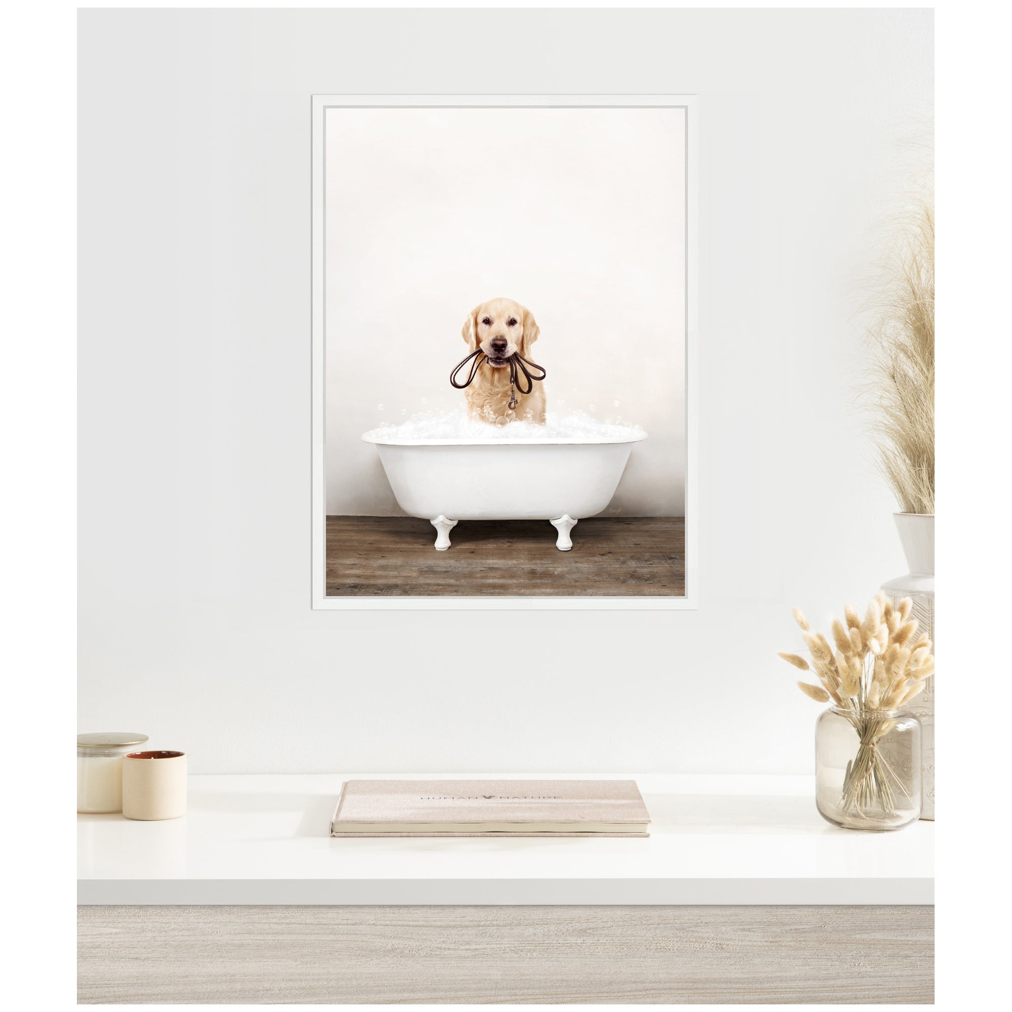 Sylvie Golden Retriever in Rustic Bath Style Framed Canvas by Amy Peterson