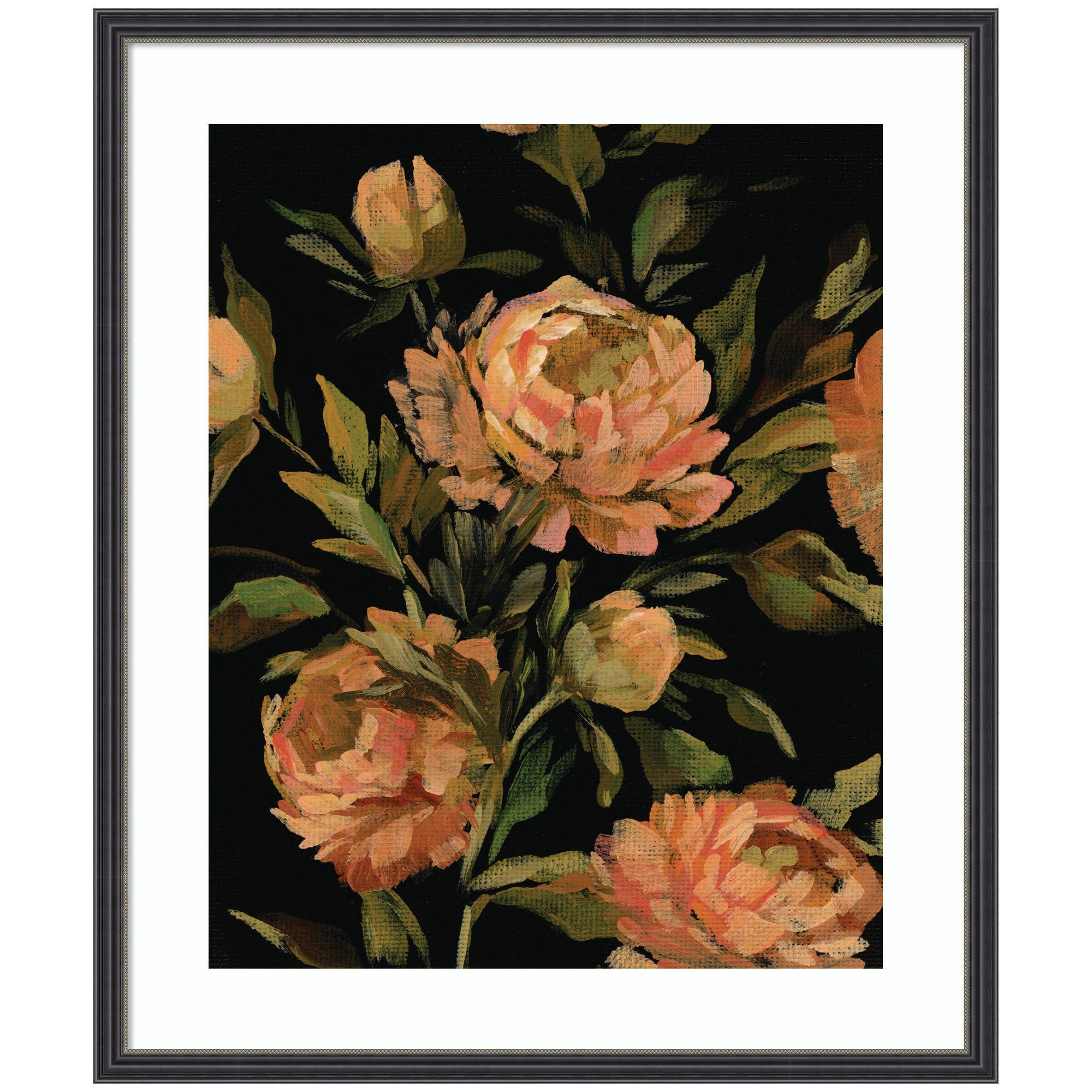 Framed Art Moody Floral 3 by Annie Quigley showing peonies in warm tones against a dark background in a black narrow frame