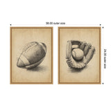 Two framed vintage-style sketches featuring an American football on the left and a baseball glove holding a baseball on the right, both with sepia-toned backgrounds.