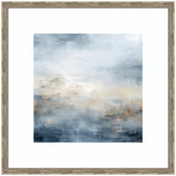 Framed abstract wall art in tones of blue with oceanic shapes and subtle nautical hints, displayed on a wall