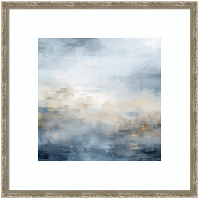 Framed abstract wall art in tones of blue with oceanic shapes and subtle nautical hints, displayed on a wall
