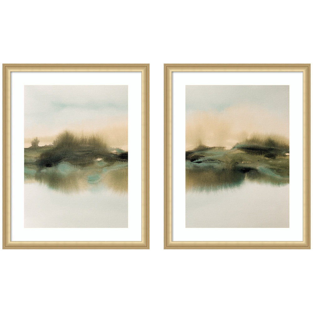 Tranquil Meadows 2 Piece Framed Wall Art Print Set showing natural meadows with soft color tones in Florence Gold frame