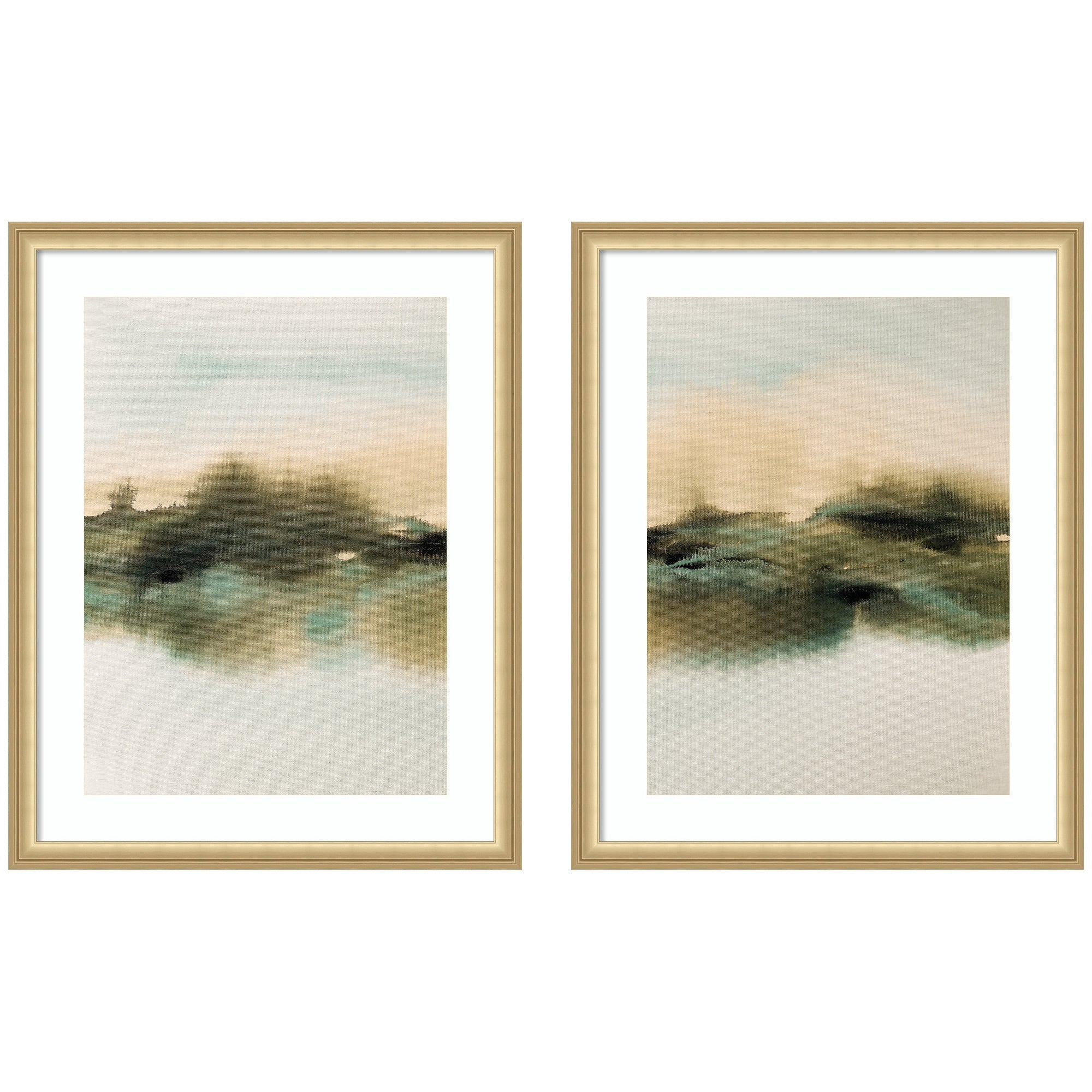 Tranquil Meadows 2 Piece Framed Wall Art Print Set showing natural meadows with soft color tones in Florence Gold frame