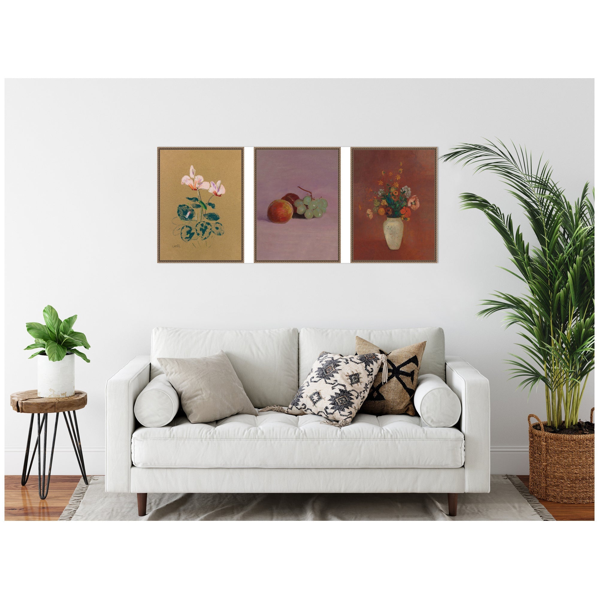 Cyclamen, Still Life with Fruit, & Bouquet in a Chinese Vase Odion Redon 3 Piece Framed Canvas Wall Art Set by Nostalgia Prints