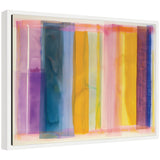 Abstract framed canvas featuring vertical translucent bands in shades of pink, purple, blue, yellow, and orange overlapping softly with blurred edges.