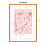 Minimalist pink line drawing of a dinner table with cocktail, cake slices, baguette, bowl of snacks, and a layered dessert, framed with natural wood edges.
