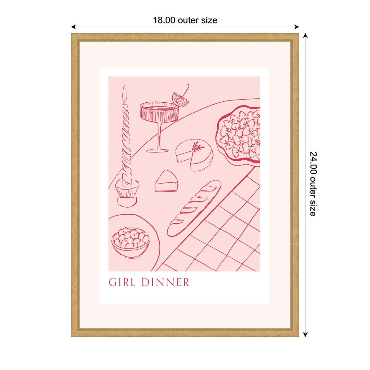Minimalist pink line drawing of a dinner table with cocktail, cake slices, baguette, bowl of snacks, and a layered dessert, framed with natural wood edges.