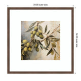 Square framed print featuring a painting of olive branches with green olives and elongated leaves on a soft beige and blue-gray background.
