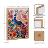 Colorful peacock print surrounded by vibrant boho-style flowers in pink, red, and orange, framed in natural oak wood with gold finish and sawtooth hangers.