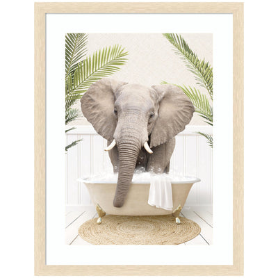 Elephant Front Palm Bathtub framed wall art print by Amy Peterson showing a stylized elephant and palm motif