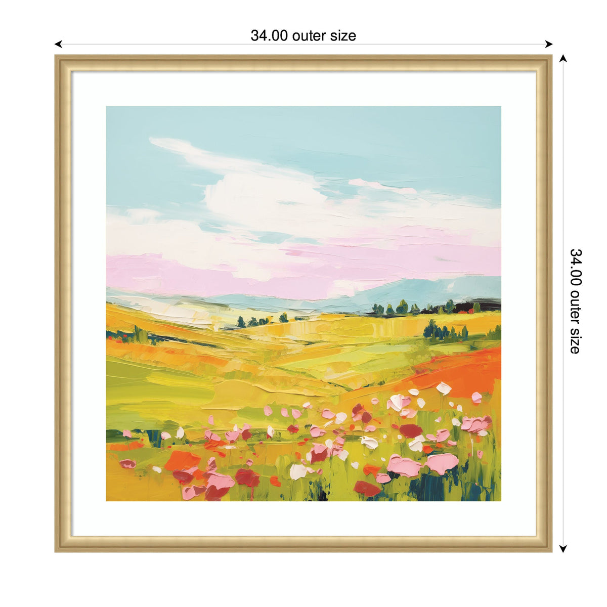 Framed colorful meadow landscape painting with yellow and orange fields, pink and white flowers, green trees, and a blue and pink sky with white clouds.