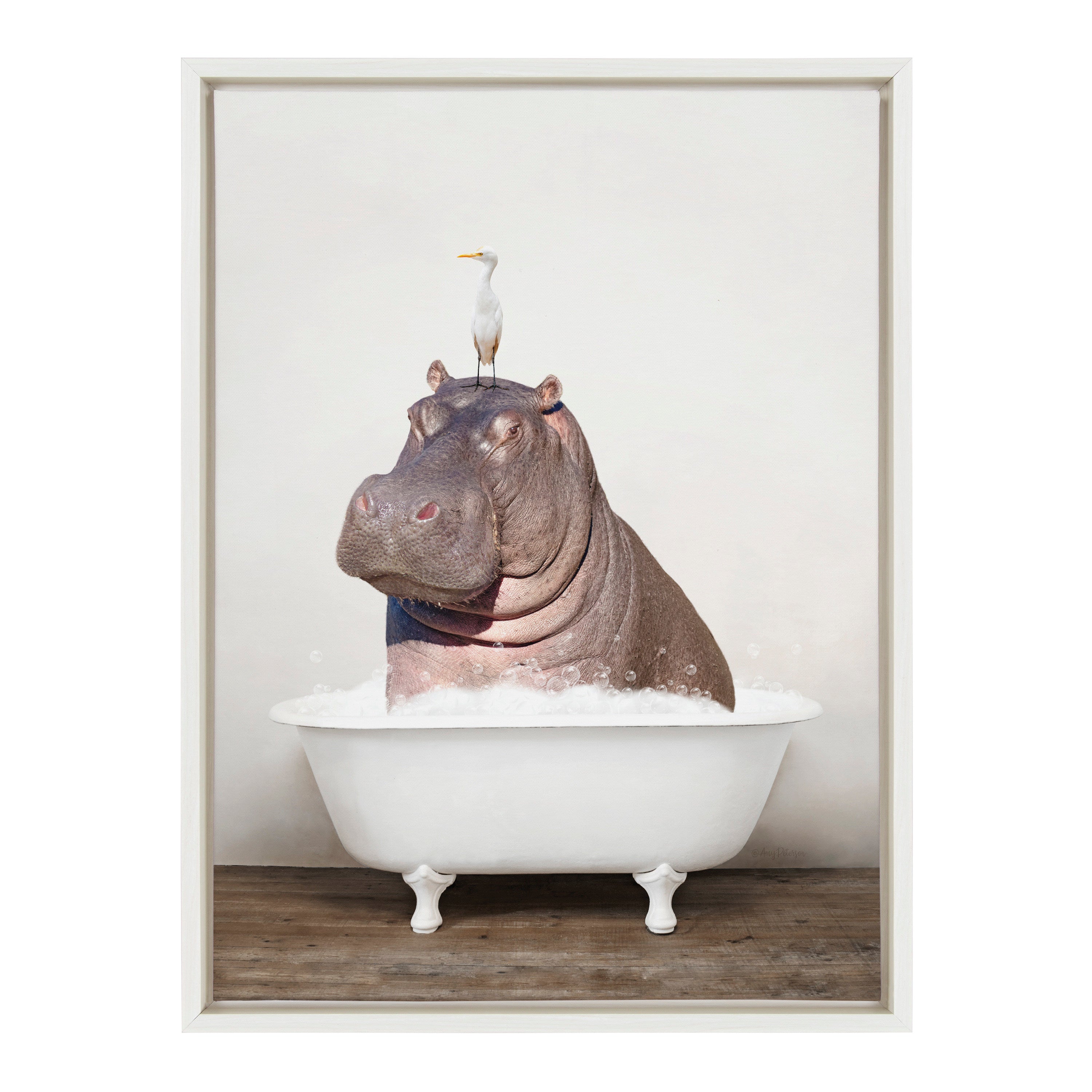 Sylvie Hippo and Bird in Rustic Bath Framed Canvas