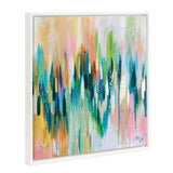 Abstract vertical brushstroke painting with vibrant teals, blues, and greens interspersed with white and soft pastel pinks and oranges, framed in white with bead detailing