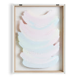 Abstract print with layered, curved brushstrokes in soft pastel hues of pink, blue, and white on a transparent background within a white frame.