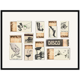 Vintage Matchboxes Neutral Black and Beige framed wall art print showing a collection of old matchbox designs in black and beige tones