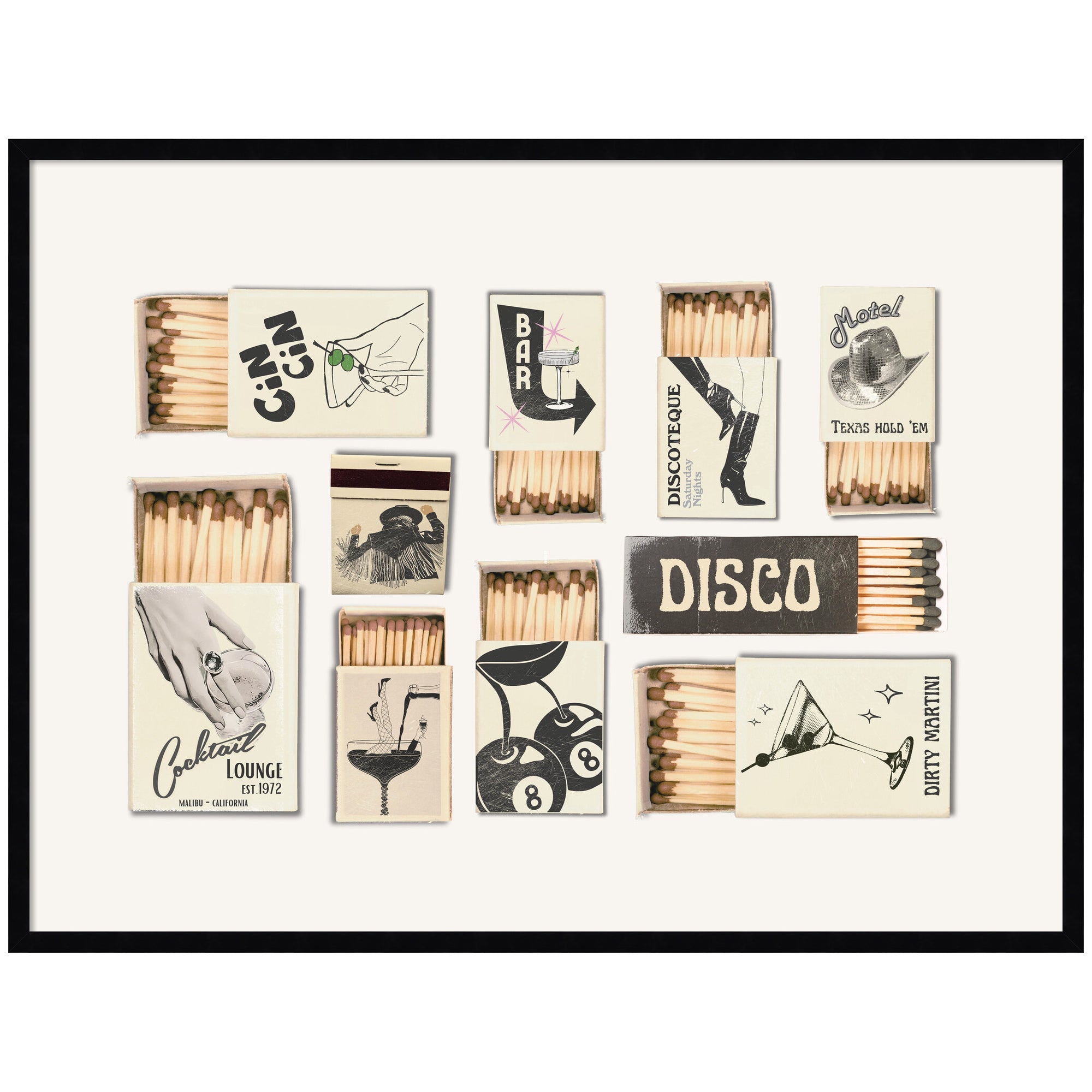 Vintage Matchboxes Neutral Black and Beige framed wall art print showing a collection of old matchbox designs in black and beige tones