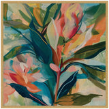 Abstract botanical painting with large tropical leaves and flowers in bold shades of teal, coral, pink, and green on a neutral linen canvas framed in light wood.