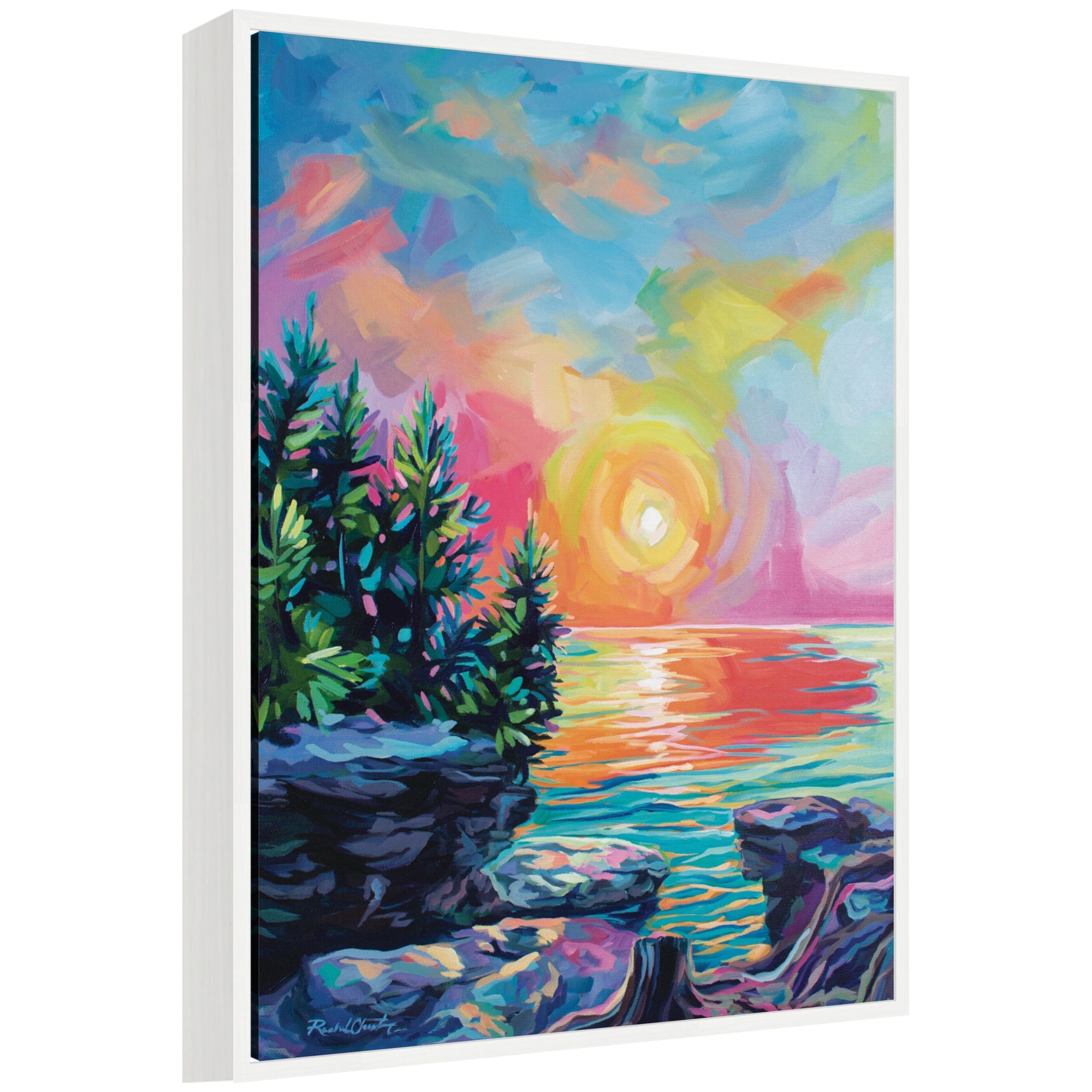 Framed canvas art titled 'Sylvie Tangerine Sunrise' by Rachel Christopoulos hanging on a light-colored wall